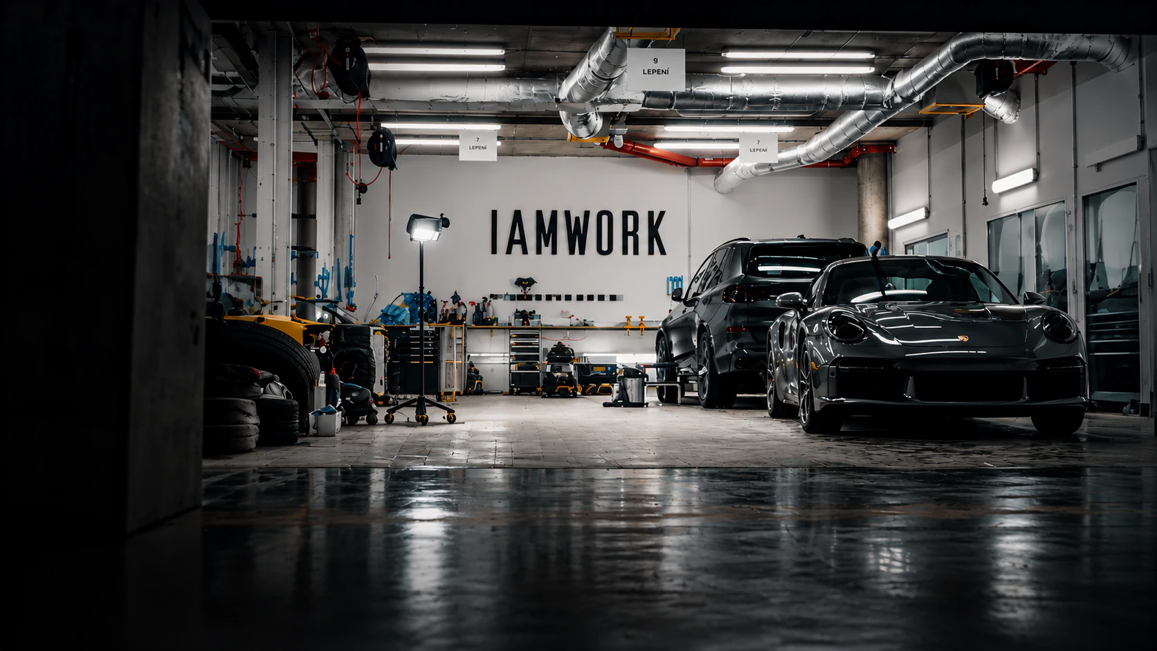 The IAMWORK workshop: the IAMWORK wall, an SUV and a Porsche 911 on the wet floor